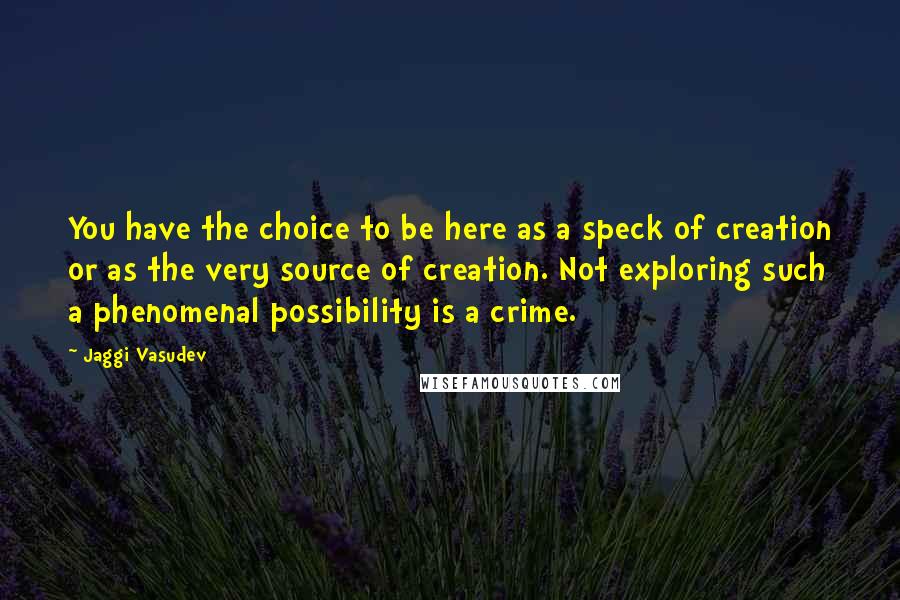 Jaggi Vasudev Quotes: You have the choice to be here as a speck of creation or as the very source of creation. Not exploring such a phenomenal possibility is a crime.