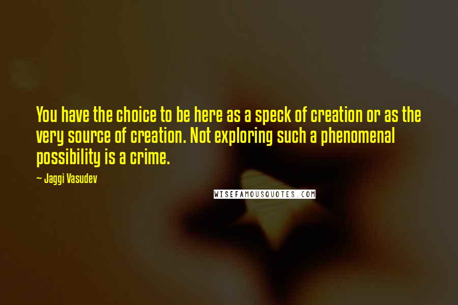 Jaggi Vasudev Quotes: You have the choice to be here as a speck of creation or as the very source of creation. Not exploring such a phenomenal possibility is a crime.