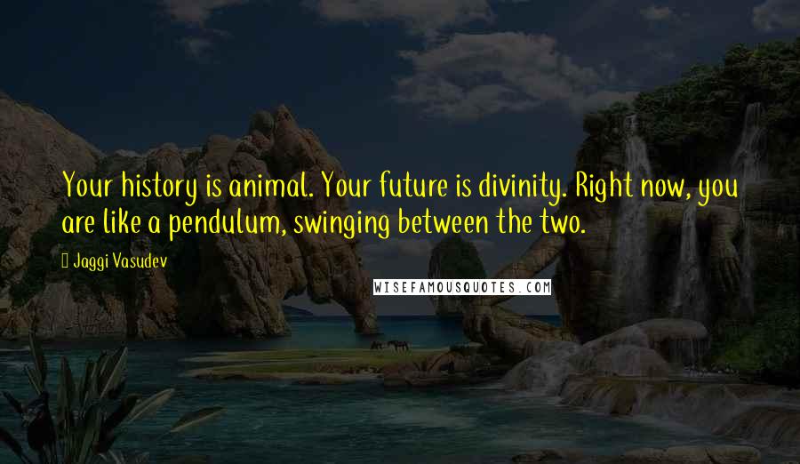 Jaggi Vasudev Quotes: Your history is animal. Your future is divinity. Right now, you are like a pendulum, swinging between the two.