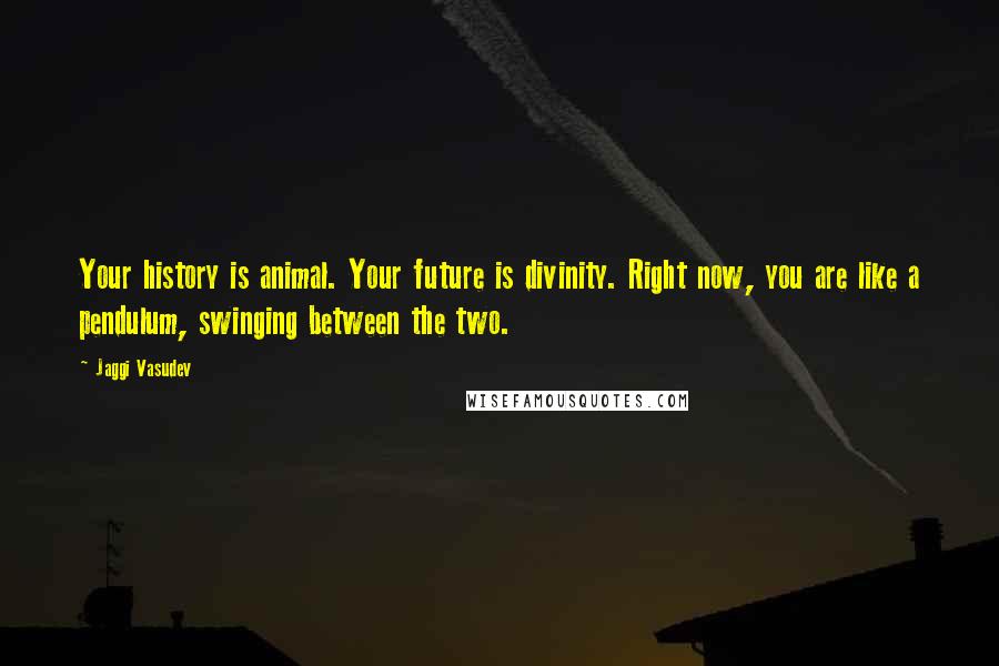 Jaggi Vasudev Quotes: Your history is animal. Your future is divinity. Right now, you are like a pendulum, swinging between the two.