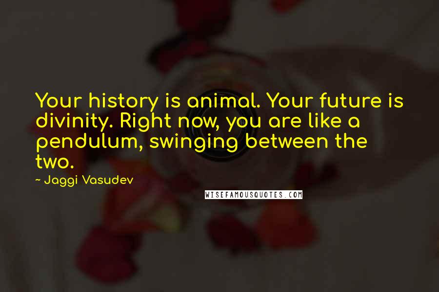 Jaggi Vasudev Quotes: Your history is animal. Your future is divinity. Right now, you are like a pendulum, swinging between the two.