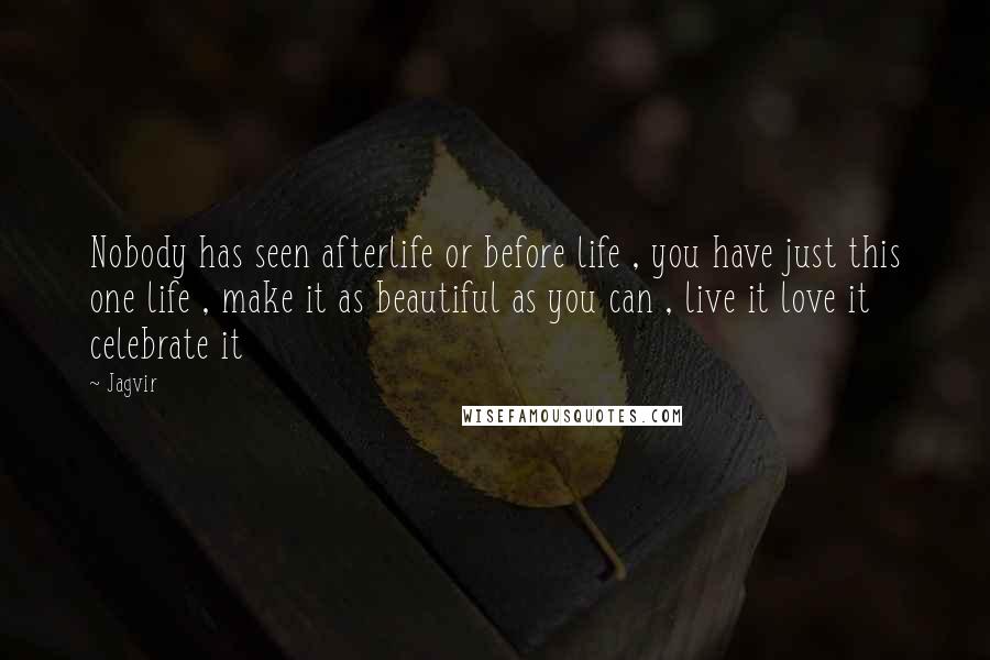 Jagvir Quotes: Nobody has seen afterlife or before life , you have just this one life , make it as beautiful as you can , live it love it celebrate it
