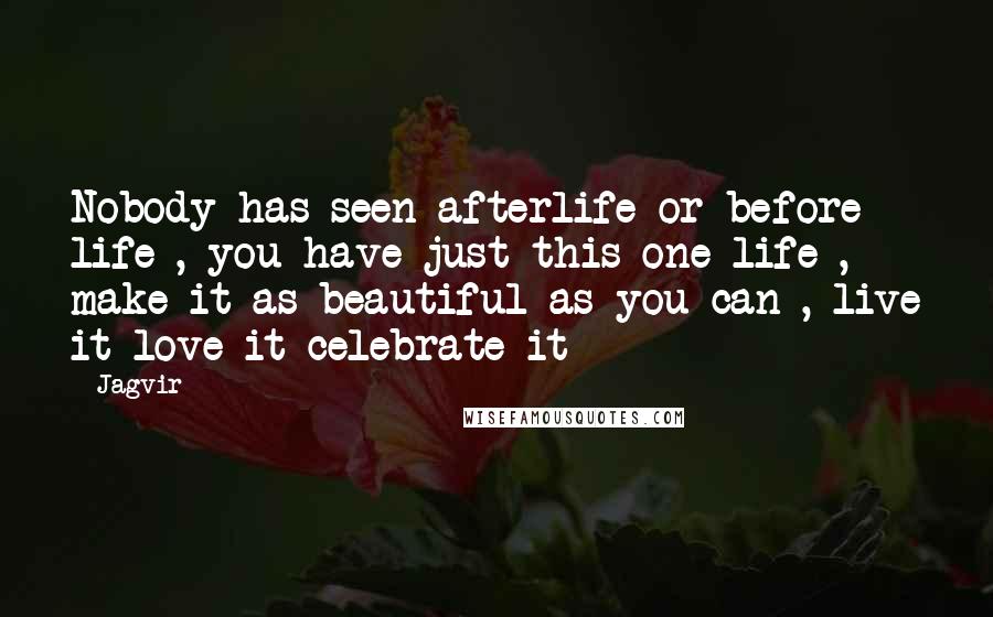 Jagvir Quotes: Nobody has seen afterlife or before life , you have just this one life , make it as beautiful as you can , live it love it celebrate it