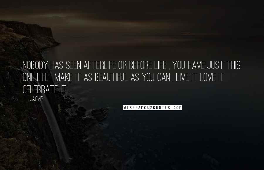 Jagvir Quotes: Nobody has seen afterlife or before life , you have just this one life , make it as beautiful as you can , live it love it celebrate it