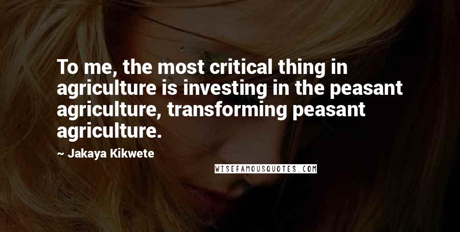 Jakaya Kikwete Quotes: To me, the most critical thing in agriculture is investing in the peasant agriculture, transforming peasant agriculture.