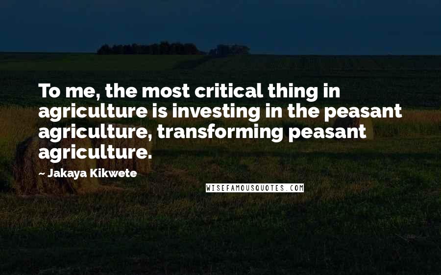 Jakaya Kikwete Quotes: To me, the most critical thing in agriculture is investing in the peasant agriculture, transforming peasant agriculture.