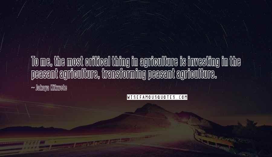 Jakaya Kikwete Quotes: To me, the most critical thing in agriculture is investing in the peasant agriculture, transforming peasant agriculture.