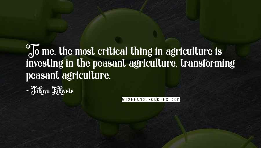 Jakaya Kikwete Quotes: To me, the most critical thing in agriculture is investing in the peasant agriculture, transforming peasant agriculture.