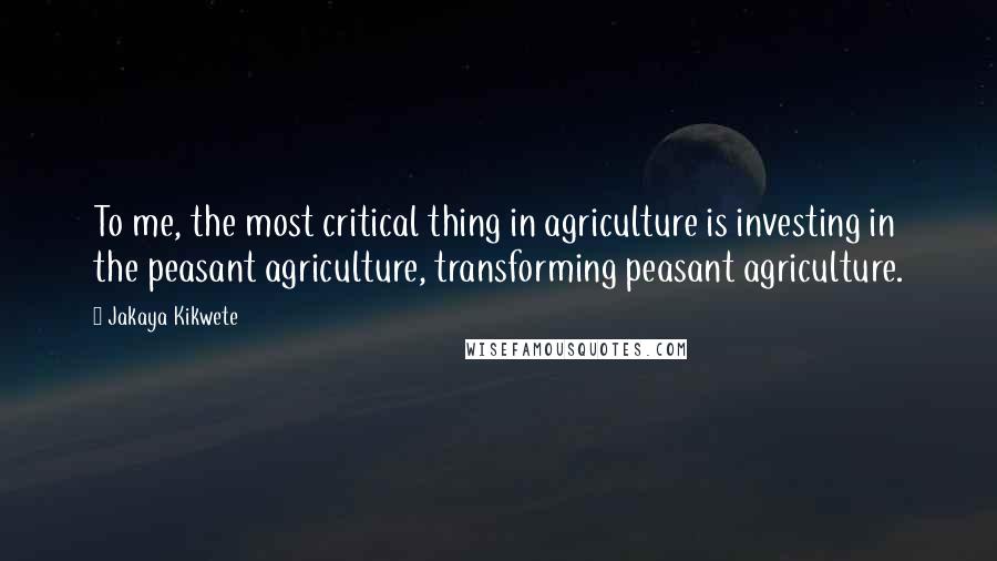 Jakaya Kikwete Quotes: To me, the most critical thing in agriculture is investing in the peasant agriculture, transforming peasant agriculture.