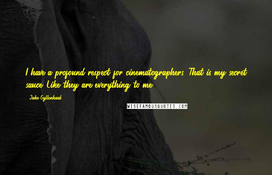 Jake Gyllenhaal Quotes: I have a profound respect for cinematographers. That is my secret sauce. Like they are everything to me.