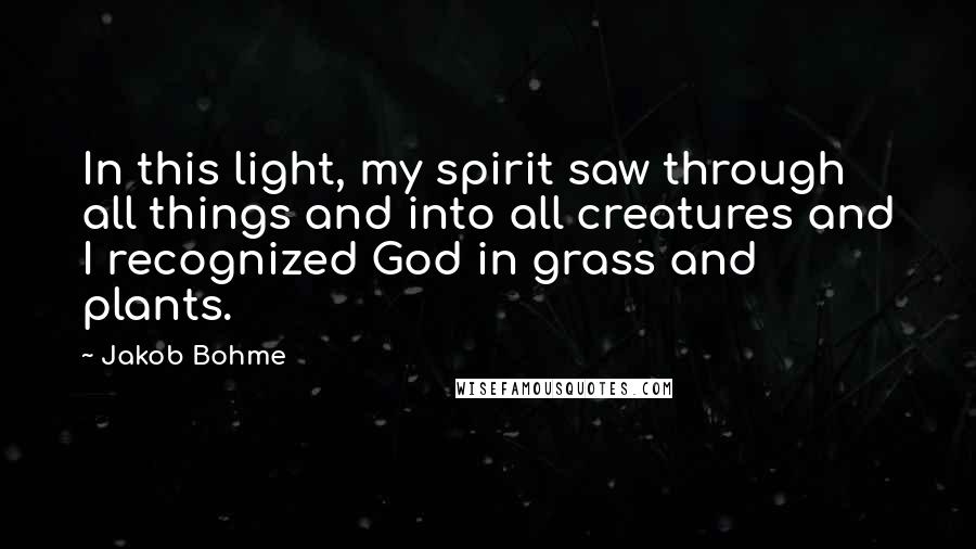 Jakob Bohme Quotes: In this light, my spirit saw through all things and into all creatures and I recognized God in grass and plants.