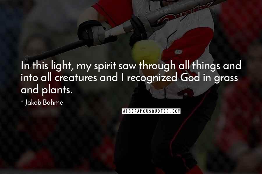 Jakob Bohme Quotes: In this light, my spirit saw through all things and into all creatures and I recognized God in grass and plants.