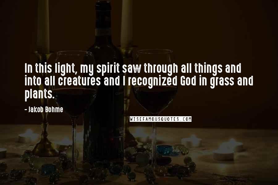 Jakob Bohme Quotes: In this light, my spirit saw through all things and into all creatures and I recognized God in grass and plants.