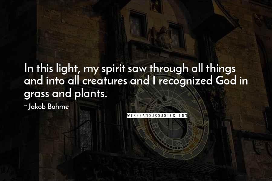 Jakob Bohme Quotes: In this light, my spirit saw through all things and into all creatures and I recognized God in grass and plants.