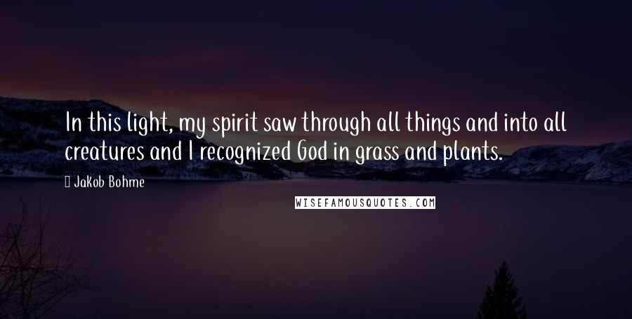 Jakob Bohme Quotes: In this light, my spirit saw through all things and into all creatures and I recognized God in grass and plants.