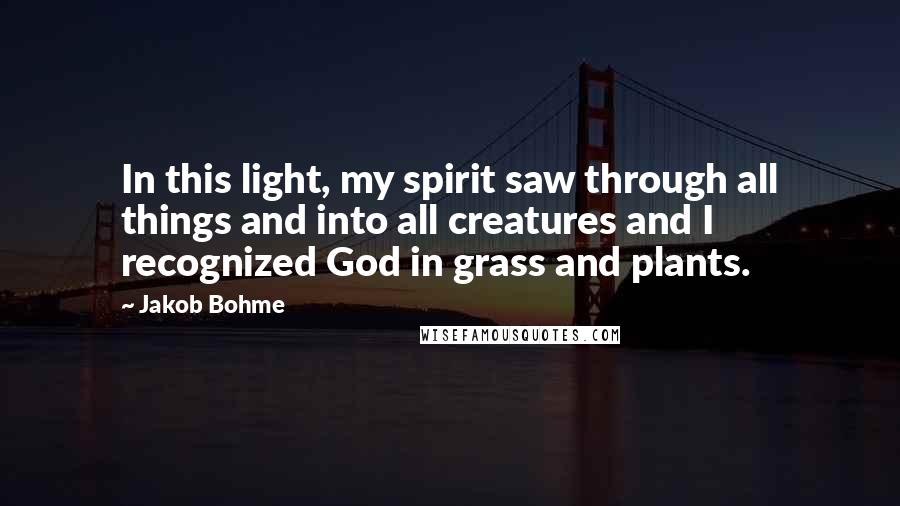 Jakob Bohme Quotes: In this light, my spirit saw through all things and into all creatures and I recognized God in grass and plants.