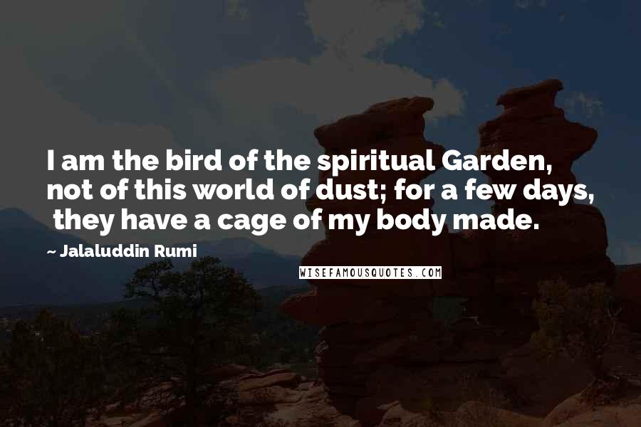 Jalaluddin Rumi Quotes: I am the bird of the spiritual Garden, not of this world of dust; for a few days, they have a cage of my body made.