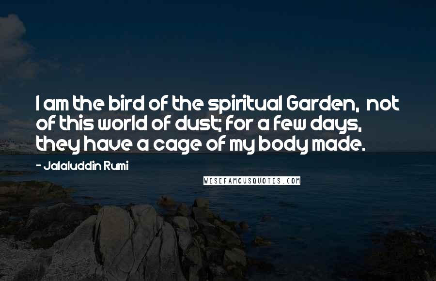 Jalaluddin Rumi Quotes: I am the bird of the spiritual Garden, not of this world of dust; for a few days, they have a cage of my body made.
