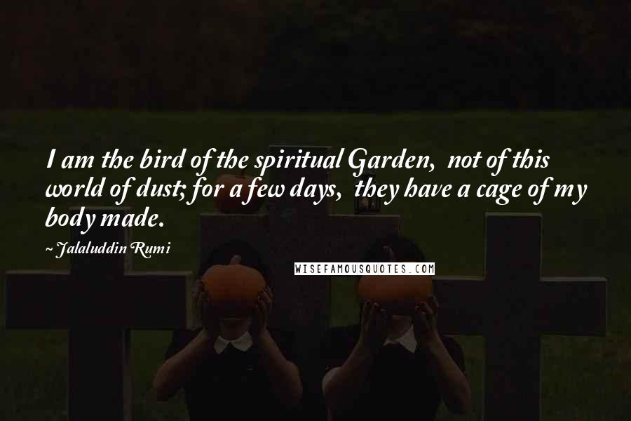 Jalaluddin Rumi Quotes: I am the bird of the spiritual Garden, not of this world of dust; for a few days, they have a cage of my body made.