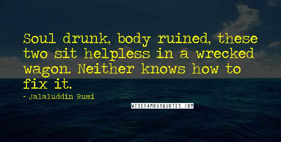 Jalaluddin Rumi Quotes: Soul drunk, body ruined, these two sit helpless in a wrecked wagon. Neither knows how to fix it.
