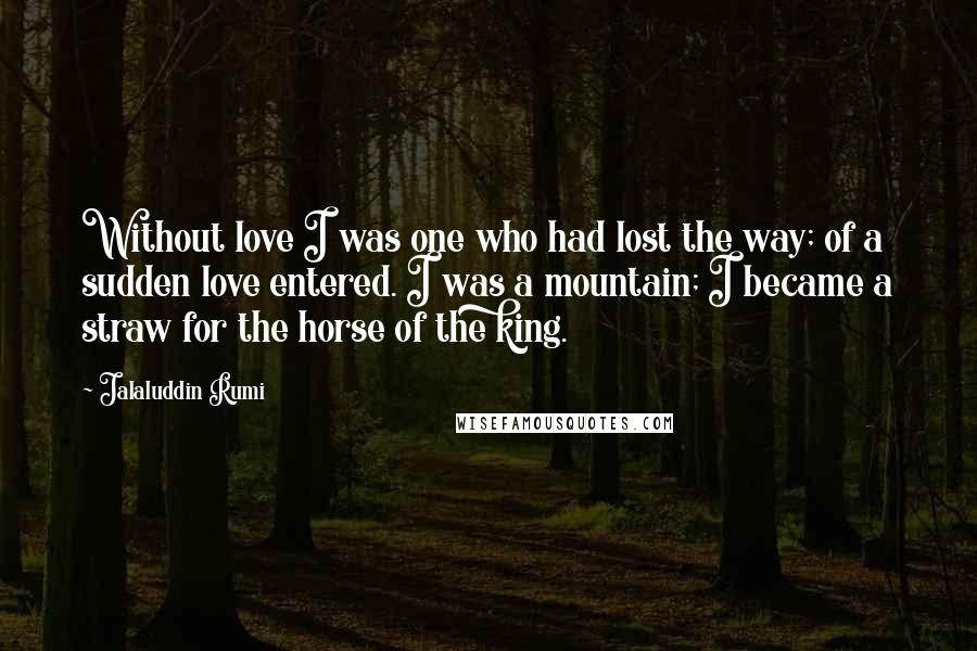 Jalaluddin Rumi Quotes: Without love I was one who had lost the way; of a sudden love entered. I was a mountain; I became a straw for the horse of the king.