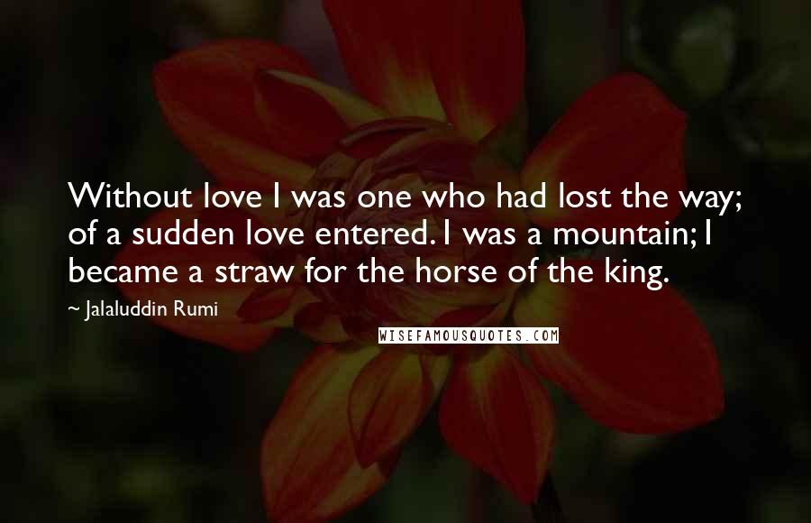 Jalaluddin Rumi Quotes: Without love I was one who had lost the way; of a sudden love entered. I was a mountain; I became a straw for the horse of the king.