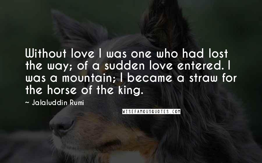 Jalaluddin Rumi Quotes: Without love I was one who had lost the way; of a sudden love entered. I was a mountain; I became a straw for the horse of the king.