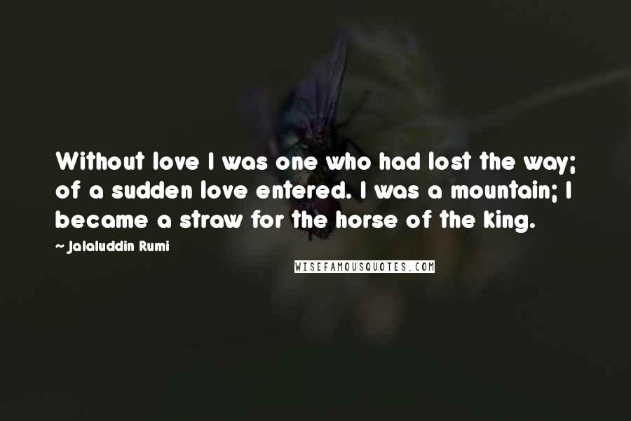 Jalaluddin Rumi Quotes: Without love I was one who had lost the way; of a sudden love entered. I was a mountain; I became a straw for the horse of the king.