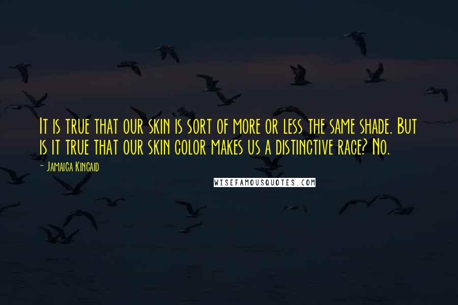 Jamaica Kincaid Quotes: It is true that our skin is sort of more or less the same shade. But is it true that our skin color makes us a distinctive race? No.