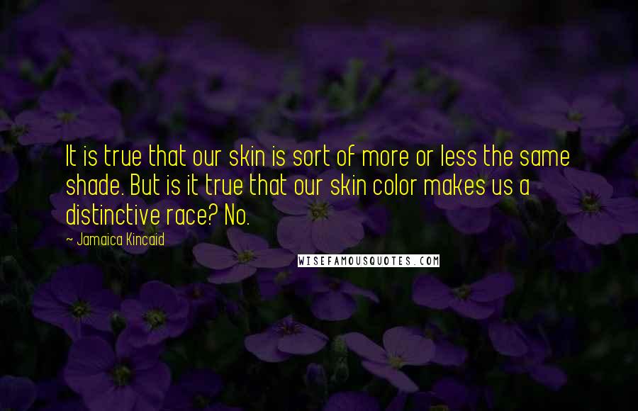 Jamaica Kincaid Quotes: It is true that our skin is sort of more or less the same shade. But is it true that our skin color makes us a distinctive race? No.
