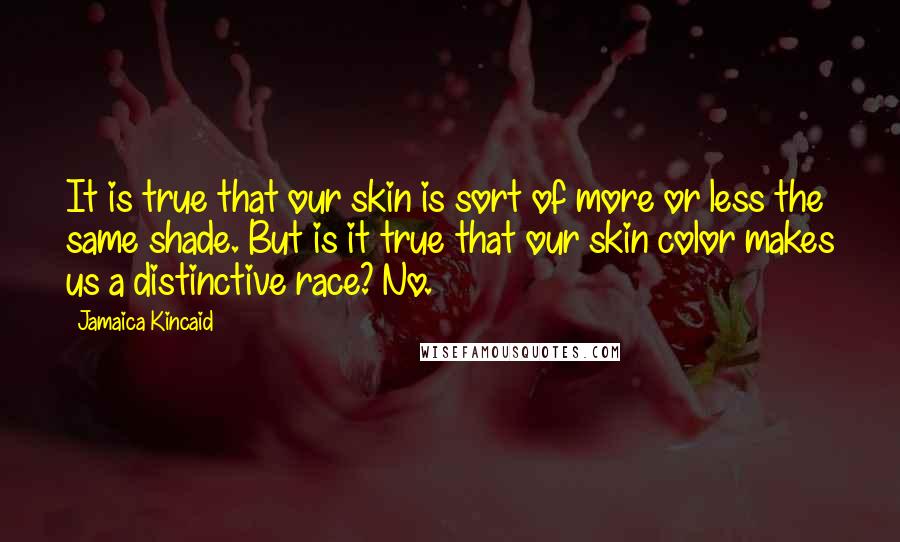 Jamaica Kincaid Quotes: It is true that our skin is sort of more or less the same shade. But is it true that our skin color makes us a distinctive race? No.