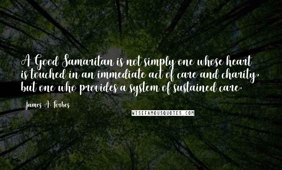 James A. Forbes Quotes: A Good Samaritan is not simply one whose heart is touched in an immediate act of care and charity, but one who provides a system of sustained care.