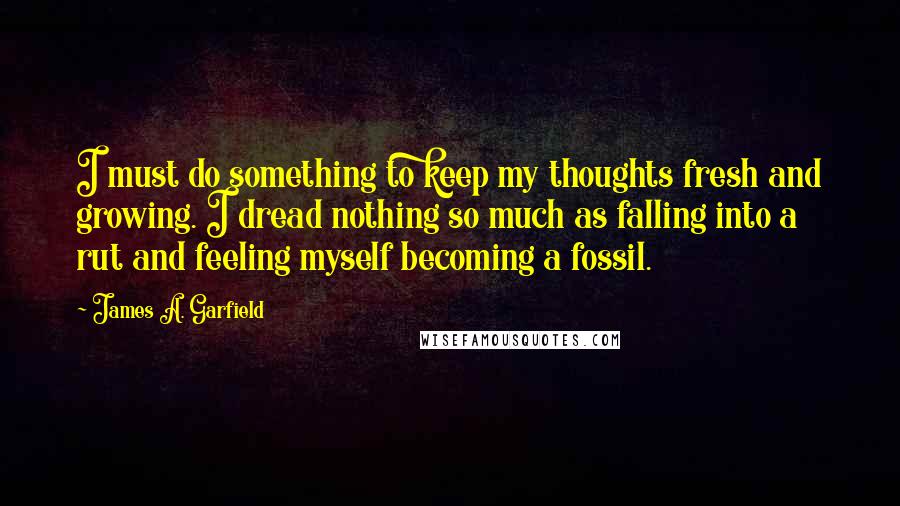 James A. Garfield Quotes: I must do something to keep my thoughts fresh and growing. I dread nothing so much as falling into a rut and feeling myself becoming a fossil.