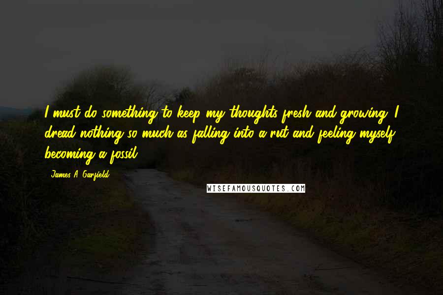 James A. Garfield Quotes: I must do something to keep my thoughts fresh and growing. I dread nothing so much as falling into a rut and feeling myself becoming a fossil.