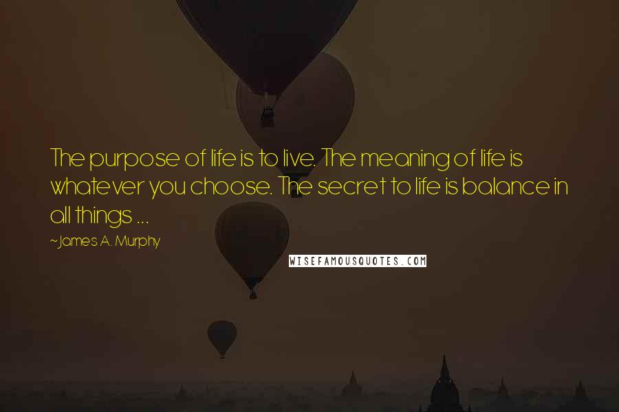 James A. Murphy Quotes: The purpose of life is to live. The meaning of life is whatever you choose. The secret to life is balance in all things ...