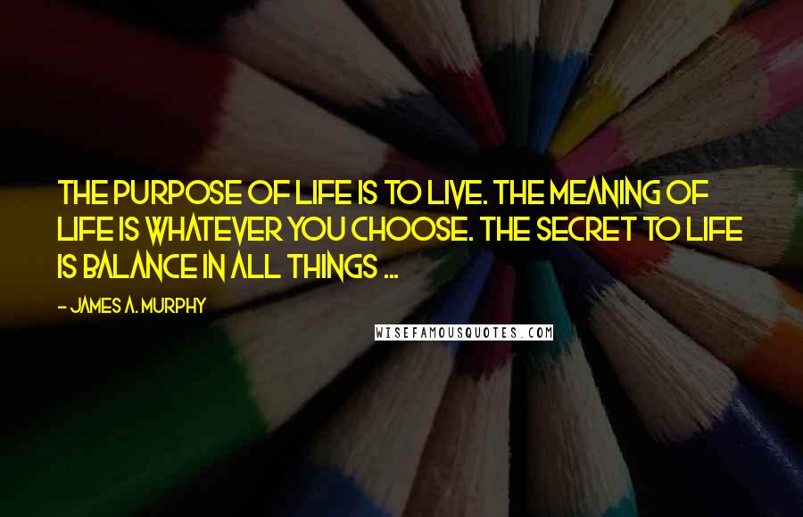 James A. Murphy Quotes: The purpose of life is to live. The meaning of life is whatever you choose. The secret to life is balance in all things ...