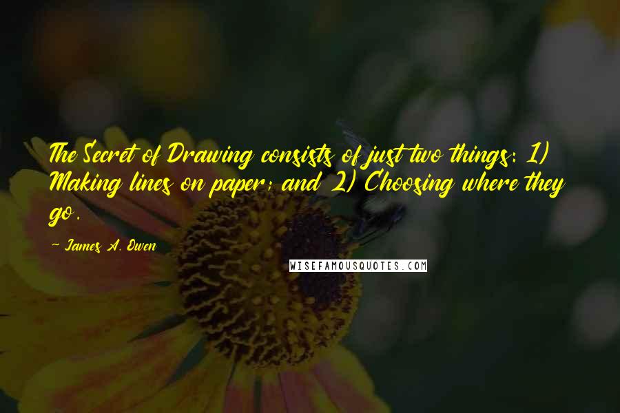 James A. Owen Quotes: The Secret of Drawing consists of just two things: 1) Making lines on paper; and 2) Choosing where they go.