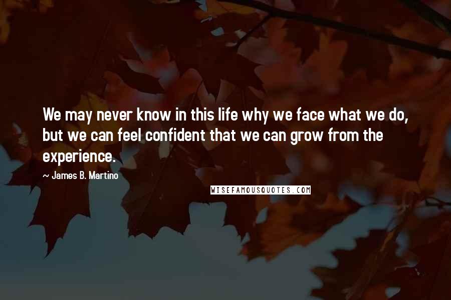 James B. Martino Quotes: We may never know in this life why we face what we do, but we can feel confident that we can grow from the experience.