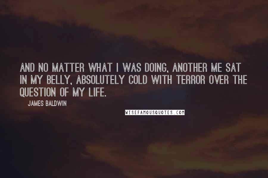 James Baldwin Quotes: And no matter what I was doing, another me sat in my belly, absolutely cold with terror over the question of my life.