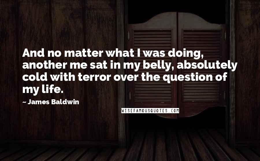 James Baldwin Quotes: And no matter what I was doing, another me sat in my belly, absolutely cold with terror over the question of my life.