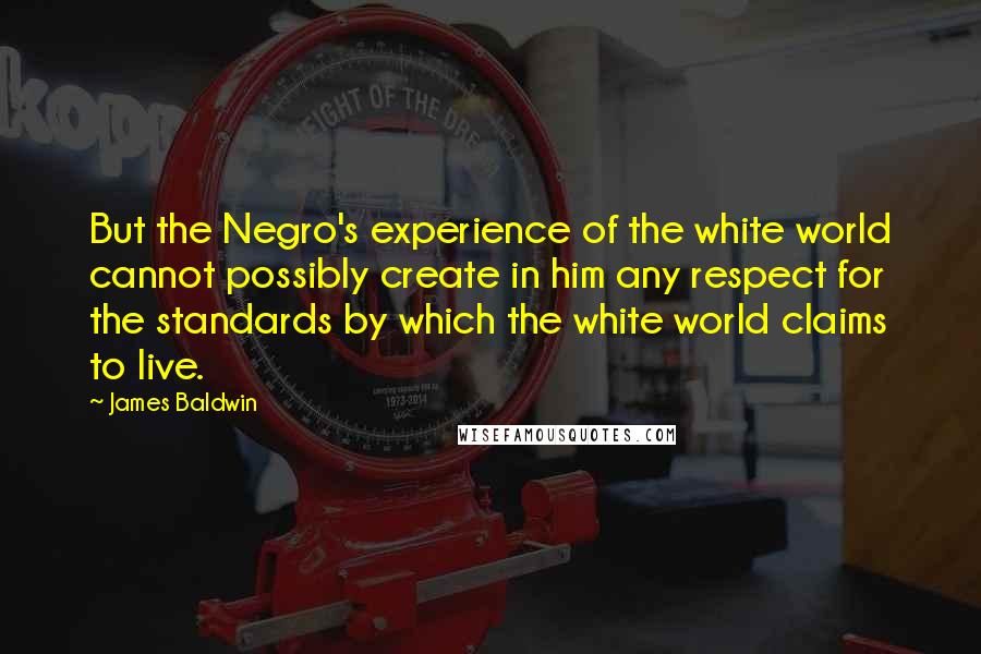 James Baldwin Quotes: But the Negro's experience of the white world cannot possibly create in him any respect for the standards by which the white world claims to live.