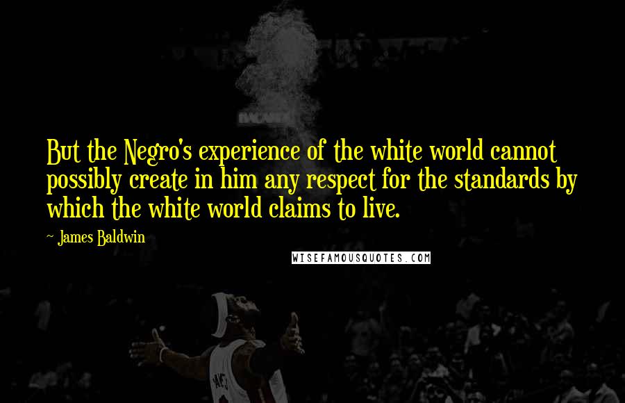 James Baldwin Quotes: But the Negro's experience of the white world cannot possibly create in him any respect for the standards by which the white world claims to live.