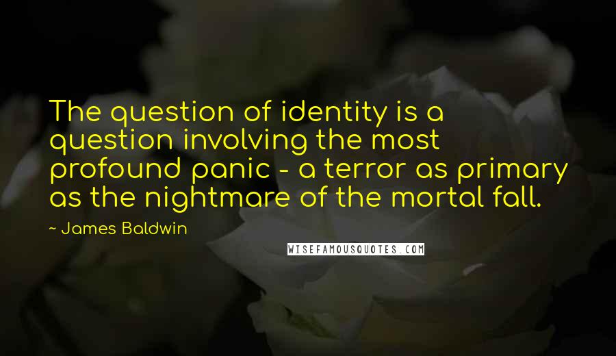 James Baldwin Quotes: The question of identity is a question involving the most profound panic - a terror as primary as the nightmare of the mortal fall.