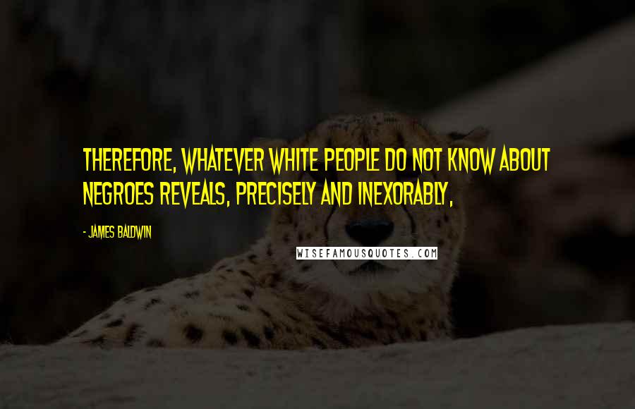 James Baldwin Quotes: Therefore, whatever white people do not know about Negroes reveals, precisely and inexorably,