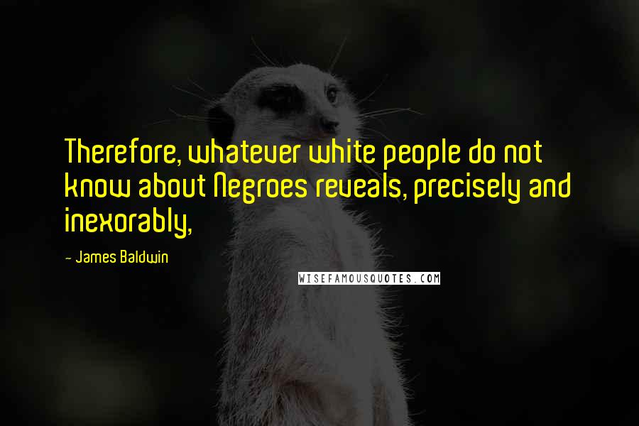 James Baldwin Quotes: Therefore, whatever white people do not know about Negroes reveals, precisely and inexorably,