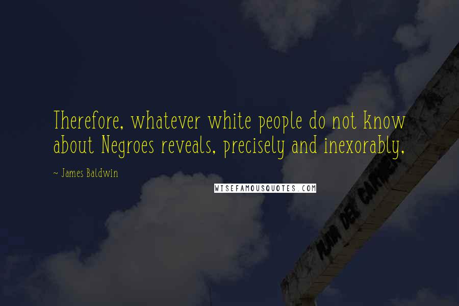 James Baldwin Quotes: Therefore, whatever white people do not know about Negroes reveals, precisely and inexorably,