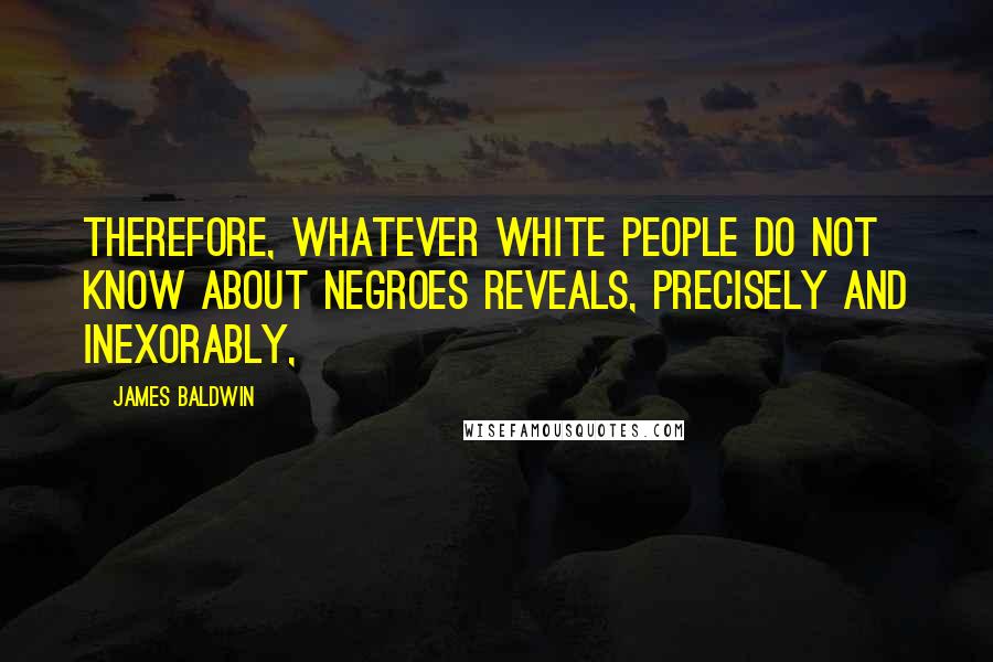James Baldwin Quotes: Therefore, whatever white people do not know about Negroes reveals, precisely and inexorably,