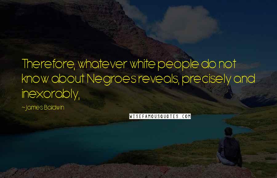 James Baldwin Quotes: Therefore, whatever white people do not know about Negroes reveals, precisely and inexorably,