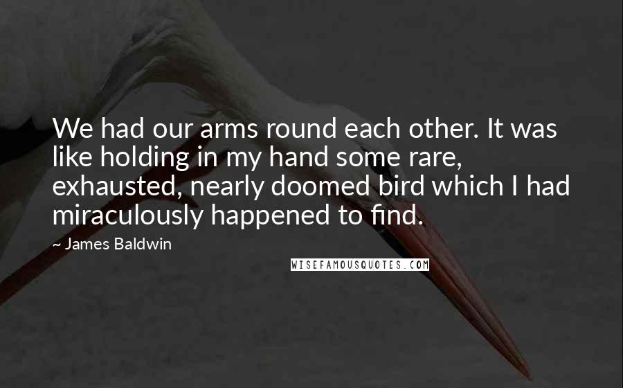 James Baldwin Quotes: We had our arms round each other. It was like holding in my hand some rare, exhausted, nearly doomed bird which I had miraculously happened to find.