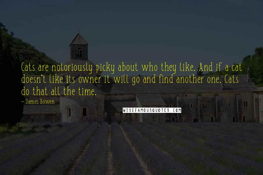 James Bowen Quotes: Cats are notoriously picky about who they like. And if a cat doesn't like its owner it will go and find another one. Cats do that all the time.